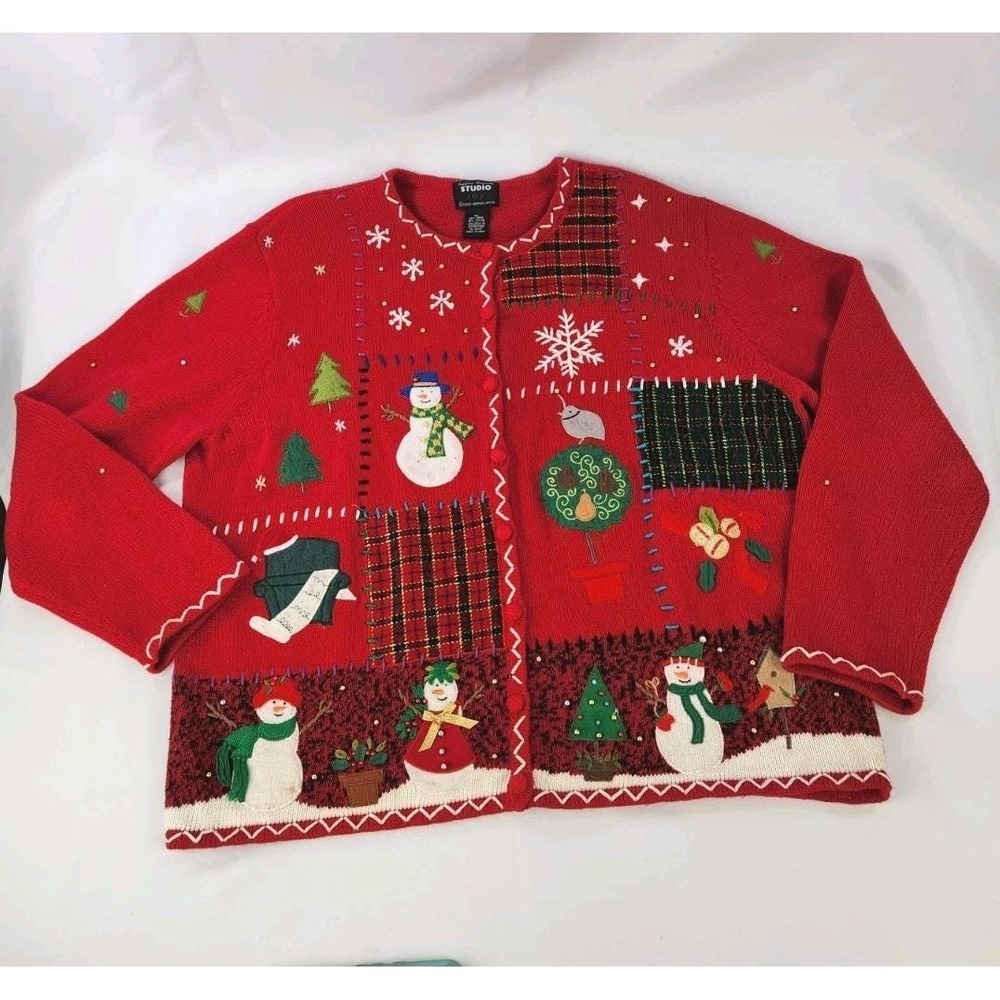 Vintage Studio Joy Holiday Snowman Patchwork Ugly Christmas Sweater Cardigan XL